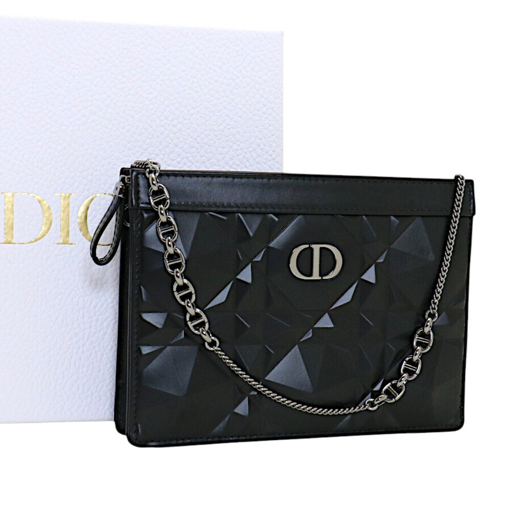 Dior Chain Shoulder Bag Caro Diamond Leather Black